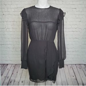 The Kooples Paris Black Sheer Crinkle Wrap Dress with Ruffles Size 2